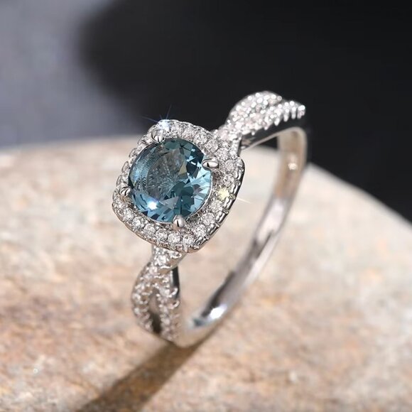 NEW 14k White Gold Blue Topaz Diamond Ring Round Cut Halo Ring - Picture 2 of 4
